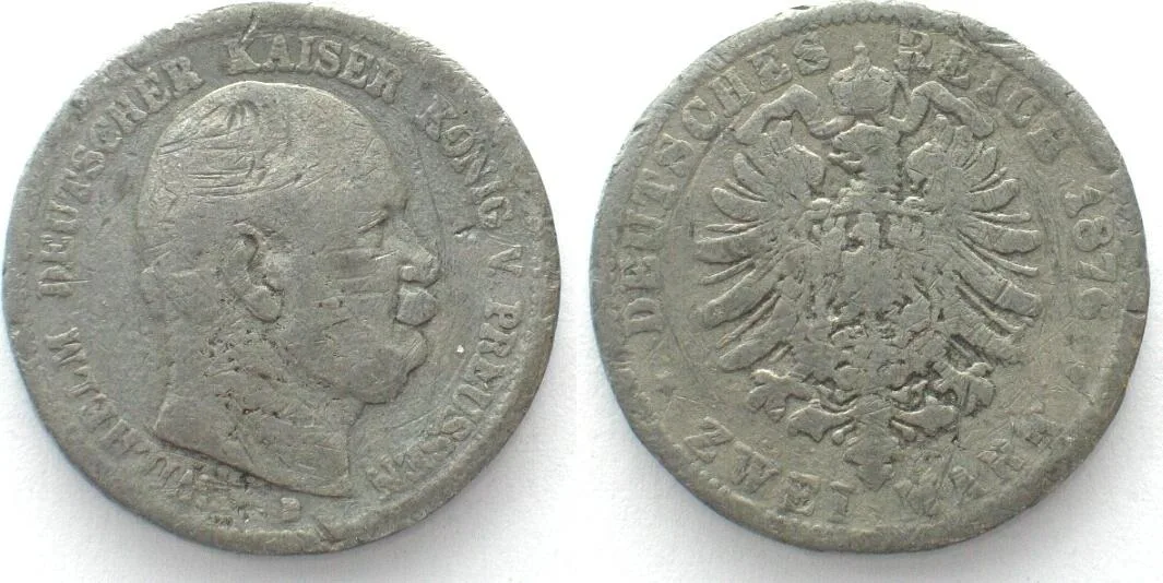 1876 Germany PRUSSIA 2 Mark 1876 B WILHELM I contemporary counterfeit VF