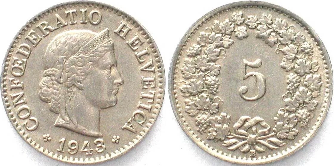 1943 SWITZERLAND 5 Rappen 1943 Cu-Ni UNC-!