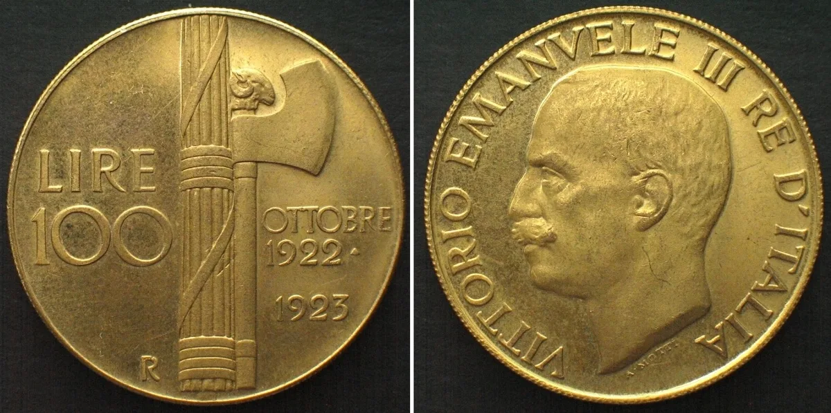 1923 ITALY 100 Lire 1923 VITTORIO EMANUELE III, Reproduction, gilt Prooflike