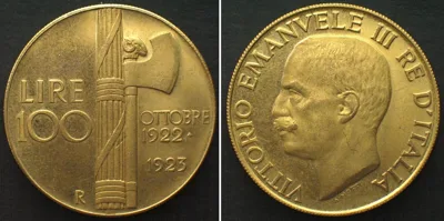 1923 ITALY 100 Lire 1923 VITTORIO EMANUELE III, Reproduction, gilt Prooflike