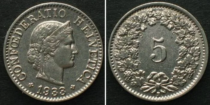 1933 SWITZERLAND 5 Rappen 1933 nickel UNC!