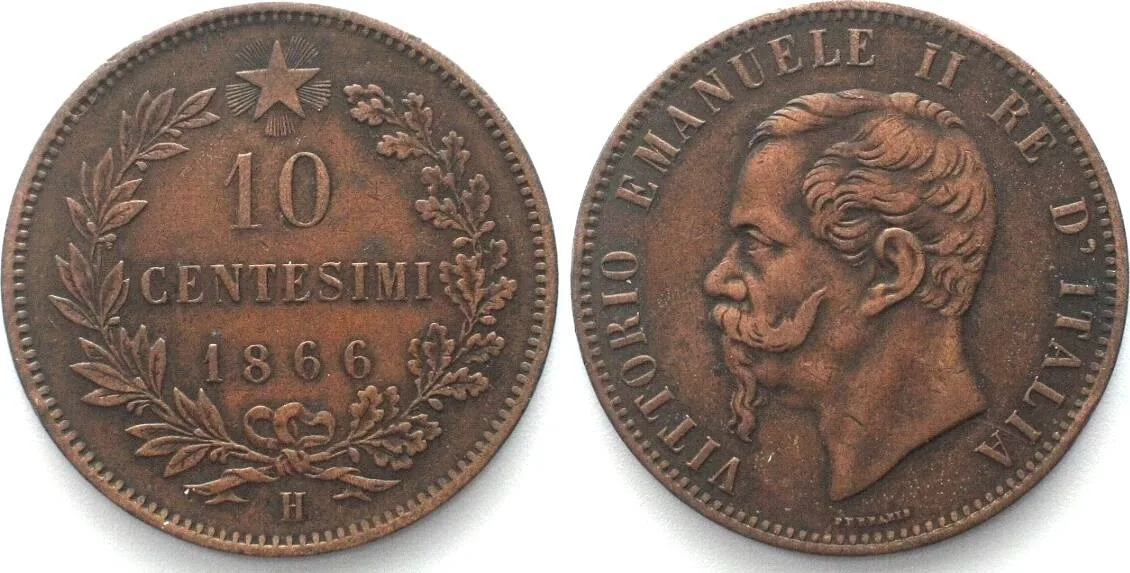 1866 ITALY. 10 Centesimi 1866 H, VITTORIO EMANUELE II, copper, VF-XF VF-EF