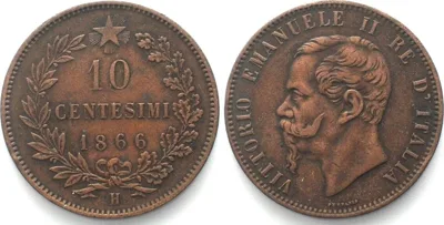 1866 ITALY. 10 Centesimi 1866 H, VITTORIO EMANUELE II, copper, VF-XF VF-EF