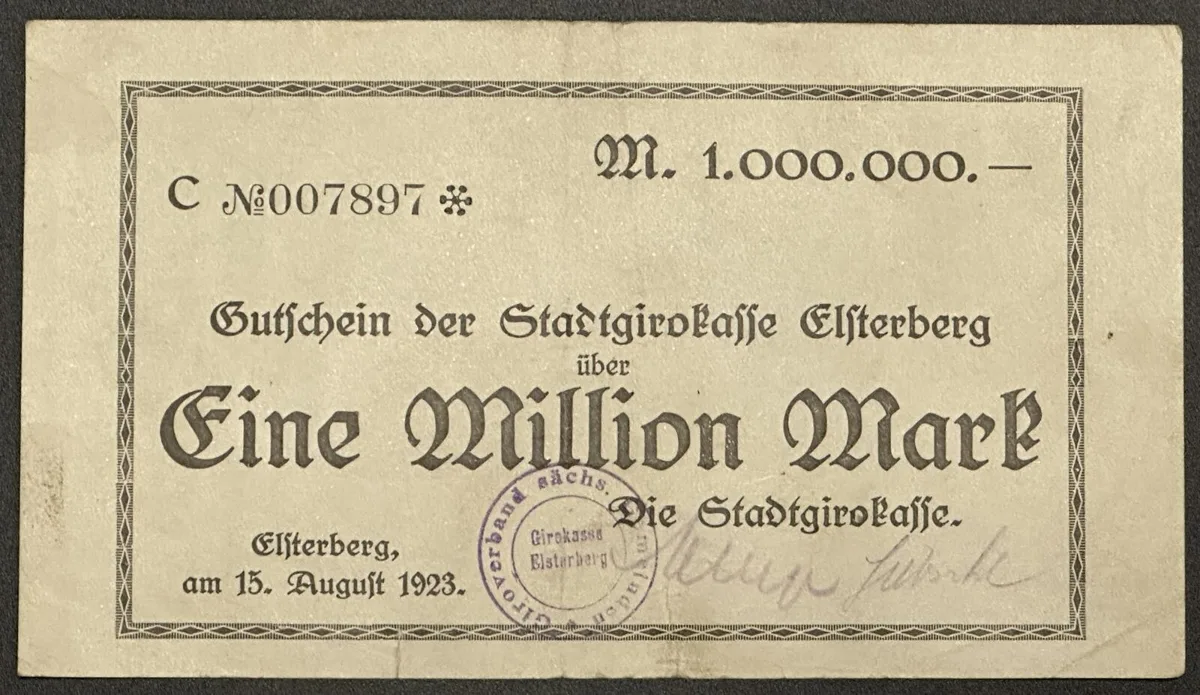 1923 GERMANY. Notgeld. ELSTERBERG (Saxony) Stadtgirokasse 1,000,000 Mark 1923 VF-EF