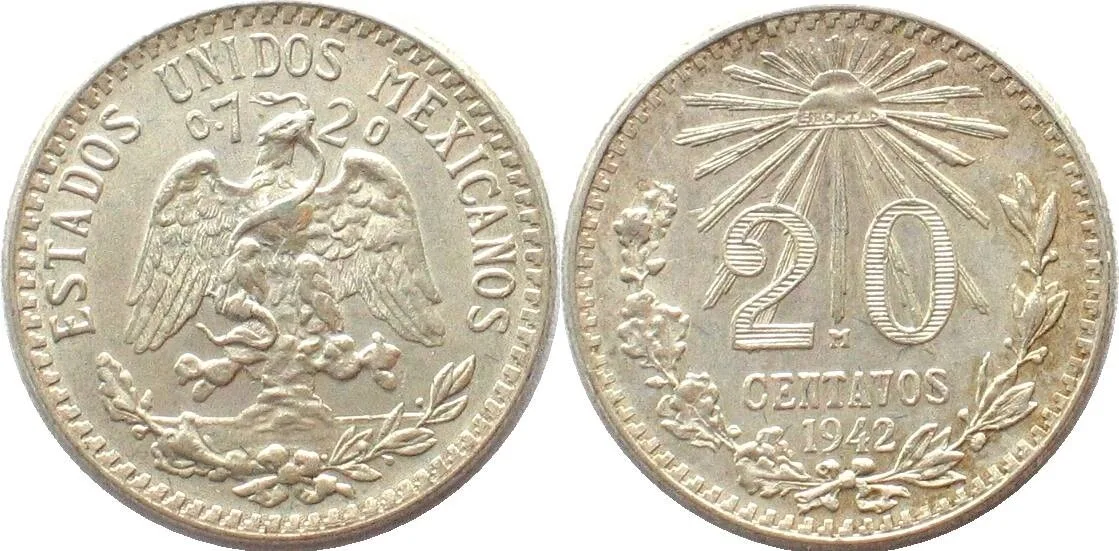 1942 MEXICO. 20 Centavos 1942, silver, UNC-