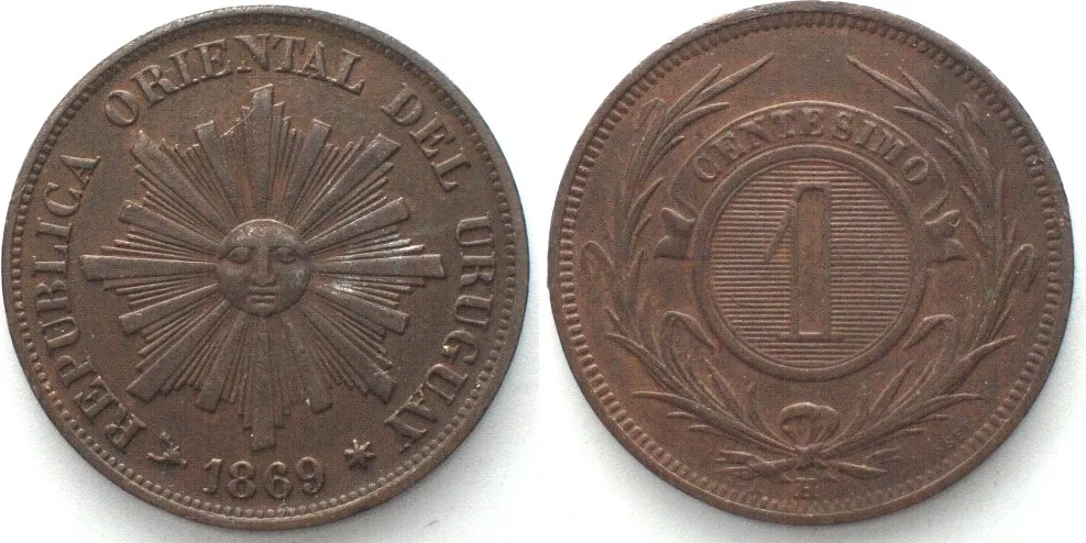 1869 URUGUAY. 1 Centesimo 1869 H, copper AU!