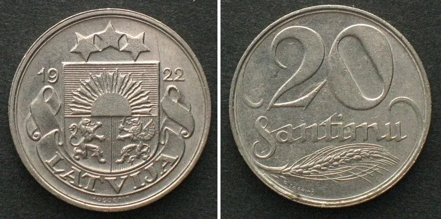 1922 LATVIA 20 Santimu 1922 nickel UNC-