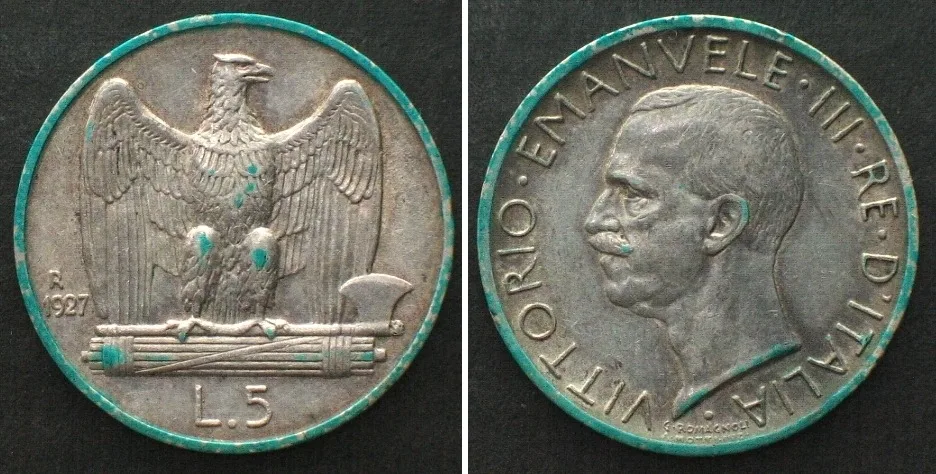1927 ITALY. 5 Lire 1927, VITTORIO EMANUELE III, silver AU!