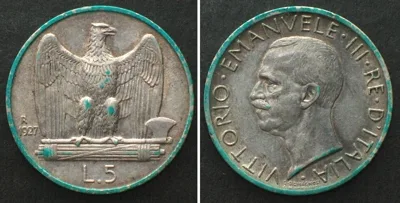 1927 ITALY. 5 Lire 1927, VITTORIO EMANUELE III, silver AU!