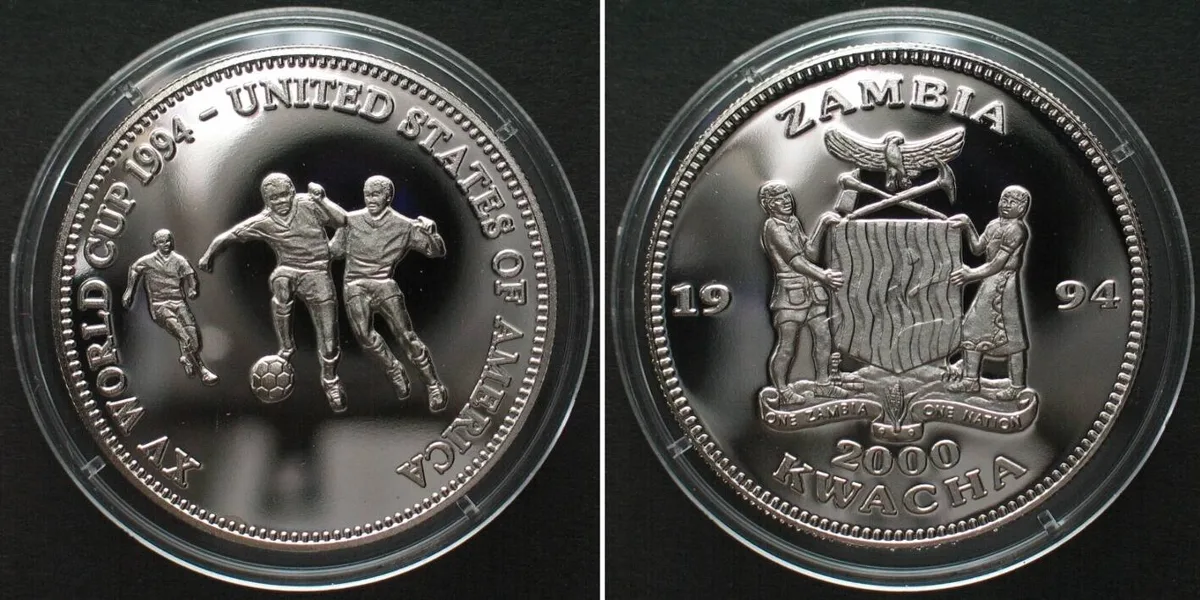 1994 ZAMBIA 2000 Kwacha 1994 WORLD CUP SOCCER, without WINNER BRAZIL, Cu-Ni Proof