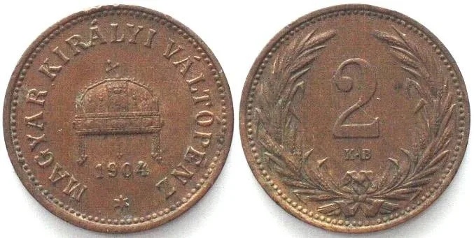 1904 HUNGARY. 2 Filler 1904 KB, FRANZ JOSEPH I, bronze, SCARCE DATE! AU!