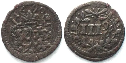 1690 BAMBERG 3 Heller 1690 MARQUARD SEBASTIAN SCHENK VON STAUFENBERG copper VF-XF VF-EF