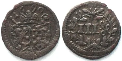 1690 BAMBERG 3 Heller 1690 MARQUARD SEBASTIAN SCHENK VON STAUFENBERG copper VF-XF VF-EF