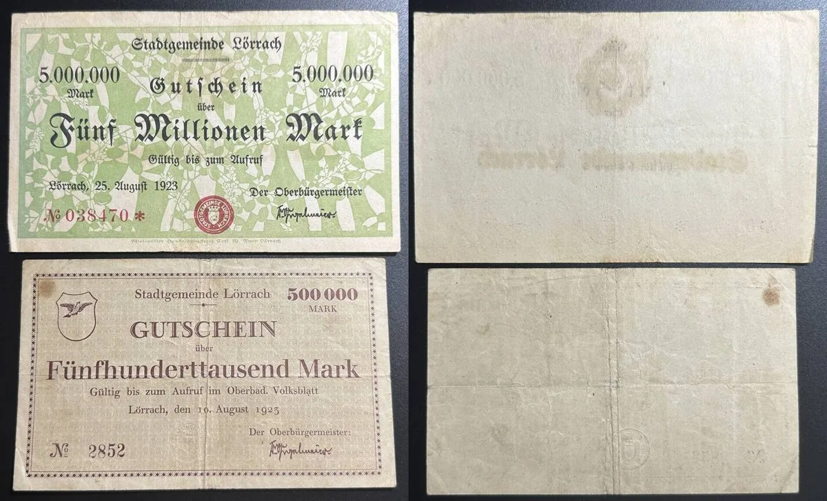 1923 GERMANY. Notgeld. LÖRRACH 500 000 Mark & 5 000 000 Mark 1923 VF