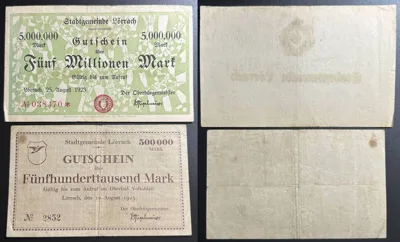 1923 GERMANY. Notgeld. LÖRRACH 500 000 Mark & 5 000 000 Mark 1923 VF
