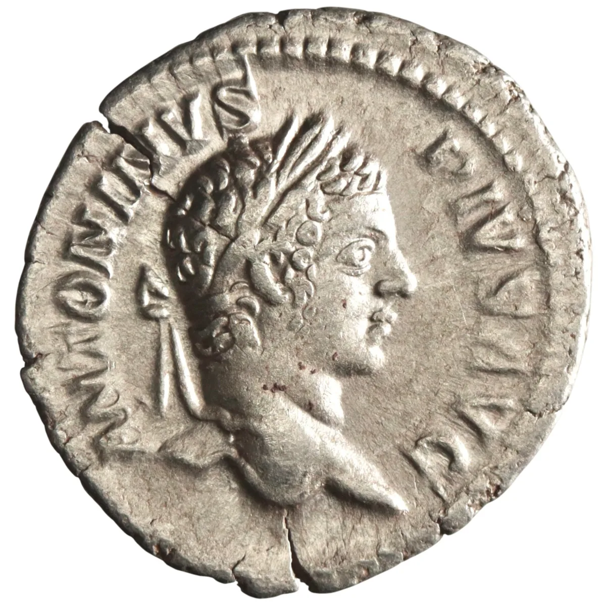 Roman: Caracalla (198-217), silver denarius (3.03g), Rome mint, 198-217 CE. Laureate bust / Liberalitas standing left holding coin counter and cornucopiae.