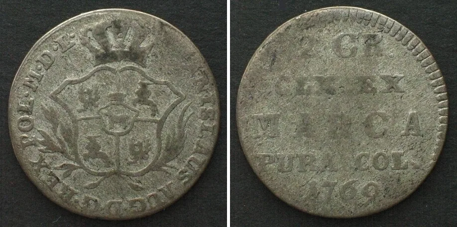 1769 POLAND 2 Grosze (polzlotek) 1769, STANISLAUS AUGUSTUS silver, 9 laurel leaves! VF-