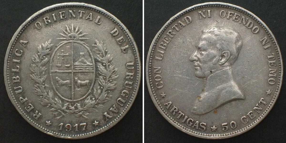 1917 URUGUAY. 50 Centesimos 1917, ARTIGAS, silver aXF EF-