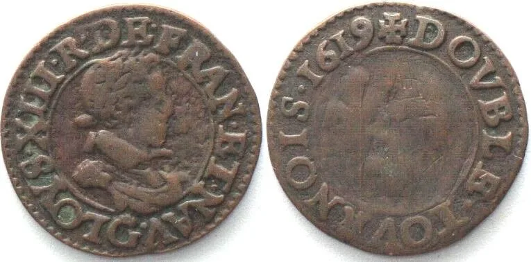 1619 FRANCE Double Tournois 1619 G, Poitiers mint, LOUIS XIII copper VF
