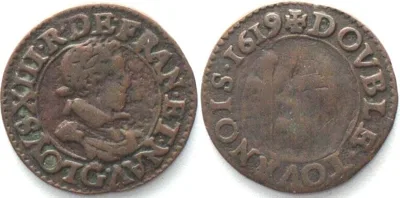 1619 FRANCE Double Tournois 1619 G, Poitiers mint, LOUIS XIII copper VF
