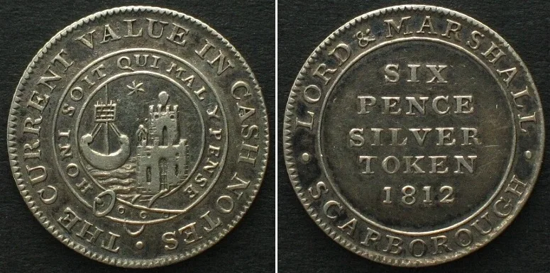 1812 YORKSHIRE, Scarborough. 6 Pence 1812, silver, AU!