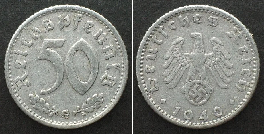 1940 Germany THIRD REICH 50 Reichspfennig 1940 G, Alu VF+