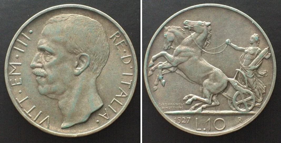 1927 ITALY 10 Lire 1927 R **FERT** VITTORIO EMANUELE III silver UNC-!