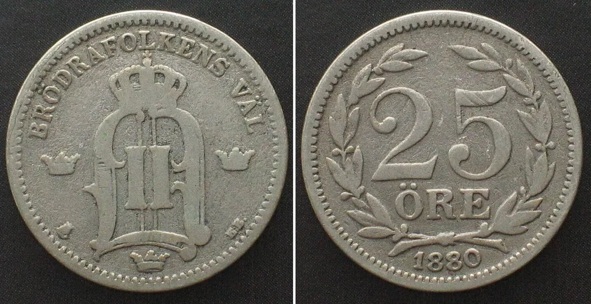 1880 SWEDEN 25 Öre 1880 OSCAR II silver VF
