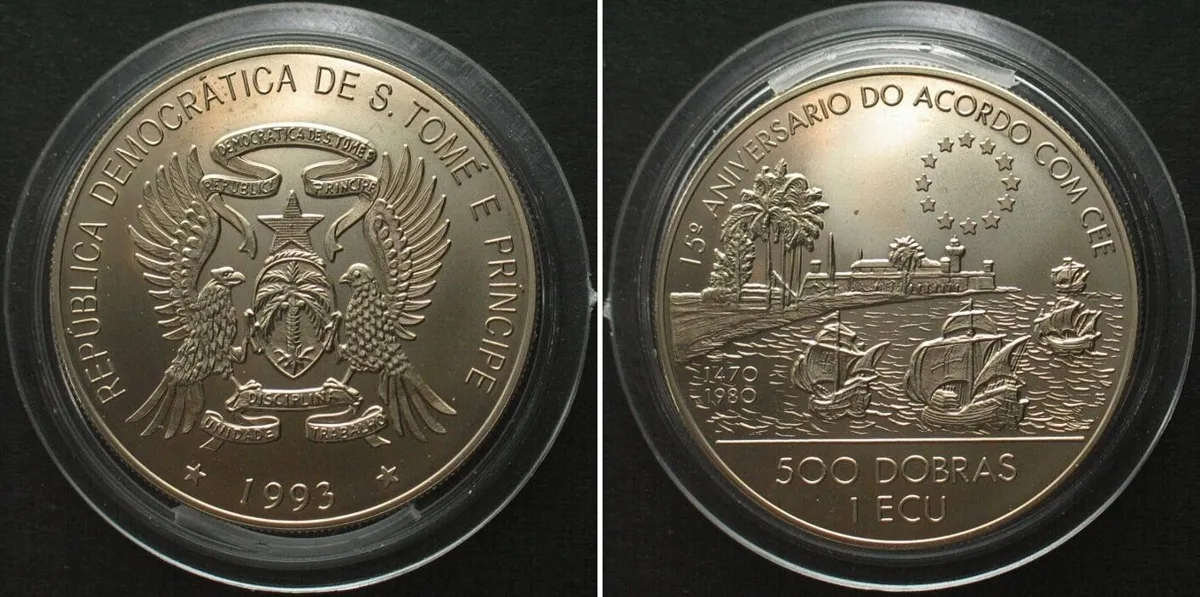 1993 ST. THOMAS & PRINCE 500 Dobras - 1 Ecu 1993 Cu-Ni SCARCE! BU