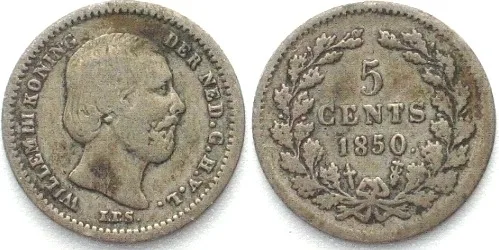 1850 NETHERLANDS 5 Cents 1850, open 8, WILLEM III silver VF