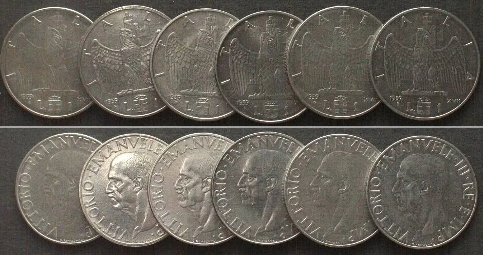 1939 ITALY 6 X 1 Lira 1939 Yr. XVII, VITTORIO EMANUELE III, steel, non-magnetic UNC!