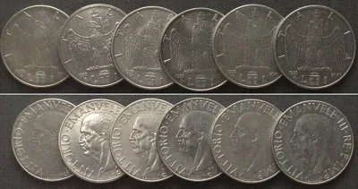 1939 ITALY 6 X 1 Lira 1939 Yr. XVII, VITTORIO EMANUELE III, steel, non-magnetic UNC!