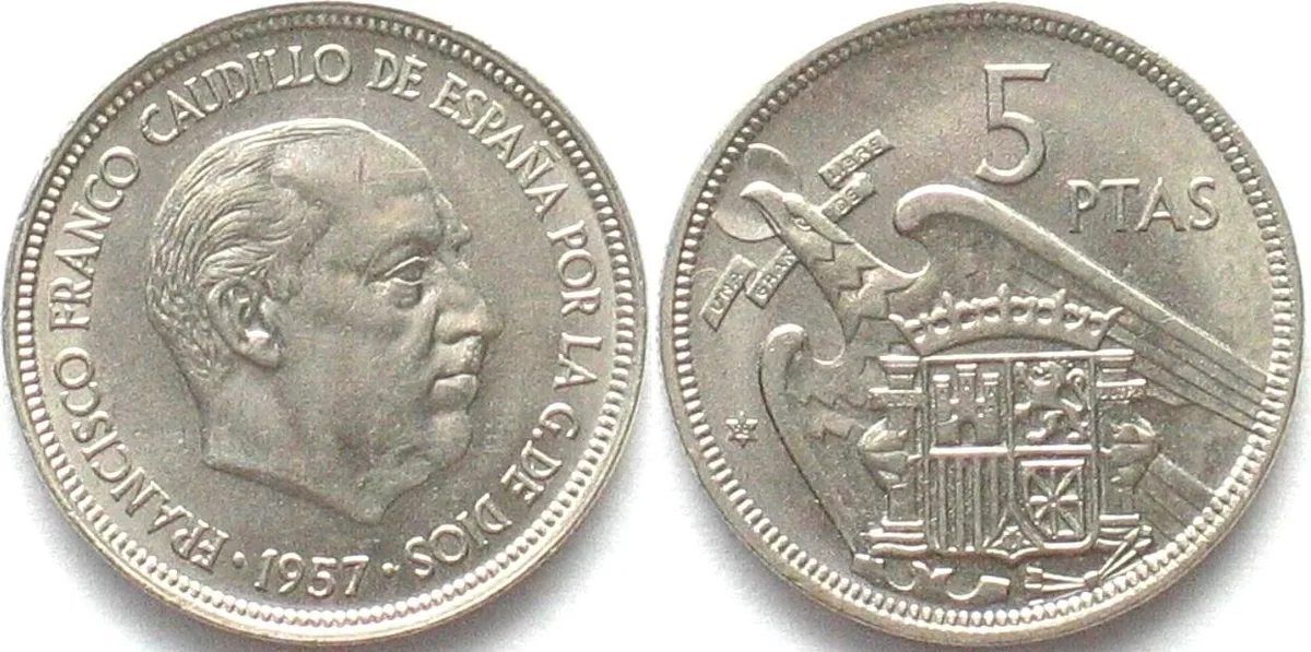 1958 SPAIN 5 Pesetas 1957(58) FRANCO Cu-Ni UNC-!!!