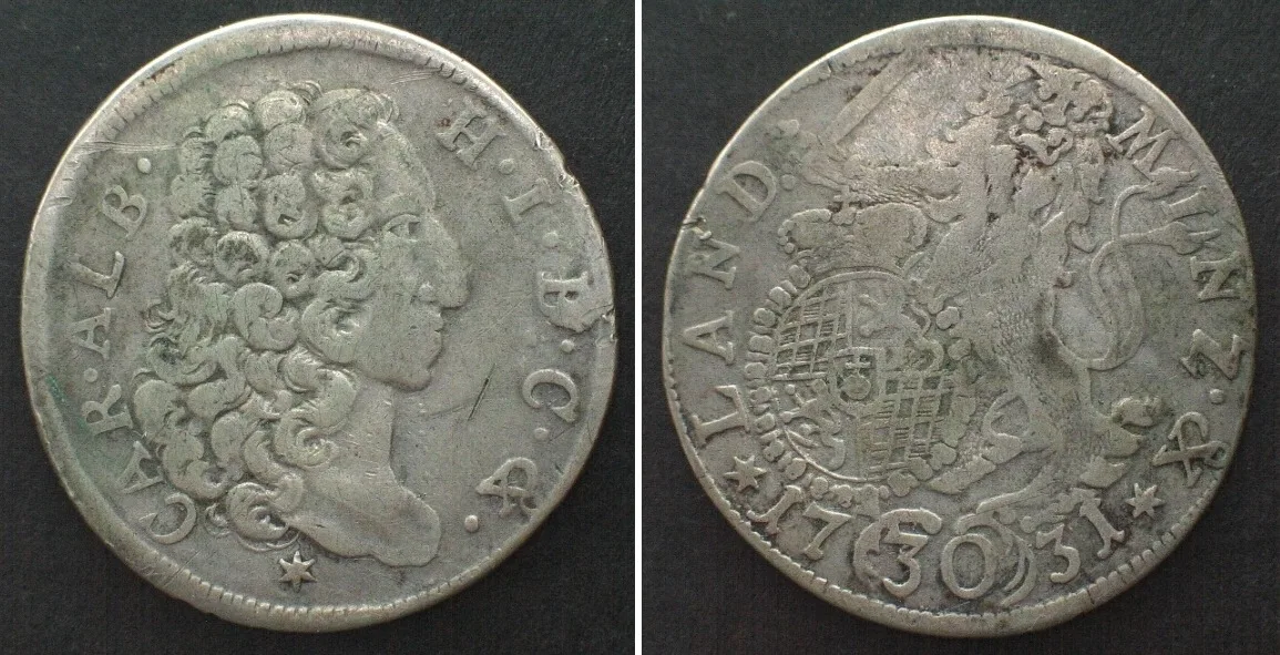 1731 German States BAVARIA. 30 Kreuzer 1731 CHARLES ALBERT silver VF