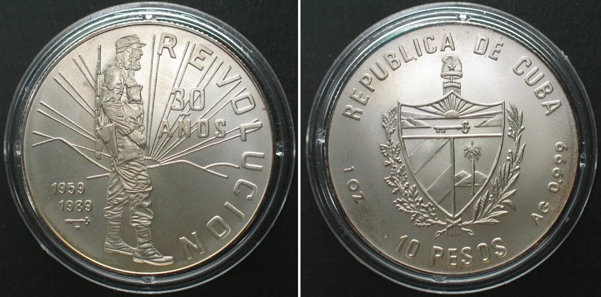 1989 CUBA 10 Pesos 1989 FIDEL CASTRO silver RARE! BU