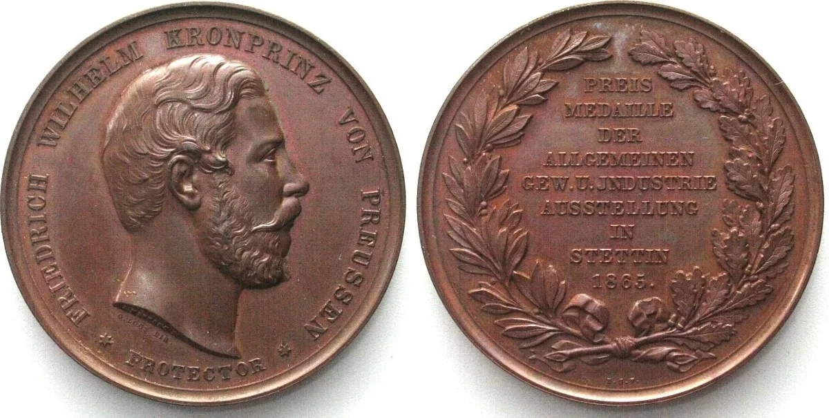 1865 STETTIN. AE Medal 1865 Trade and Industry Exhibition, by Mertens/Loos 41mm UNC