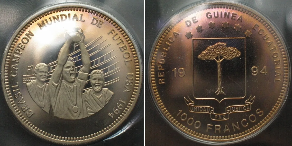 1994 EQUATORIAL GUINEA. 1000 Francos 1994, Soccer World Cup, Brazil champion, Cu-Ni Proof