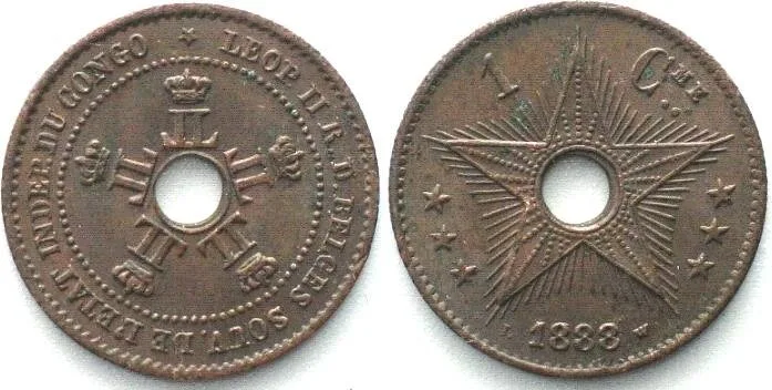 1888 BELGIAN CONGO 1 Centime 1888 LEOPOLD II copper AU!