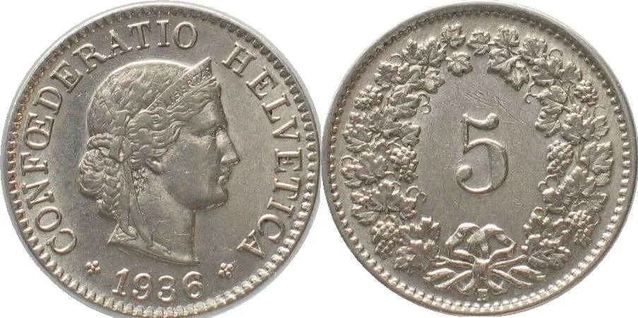 1936 SWITZERLAND 5 Rappen 1936 nickel UNC!