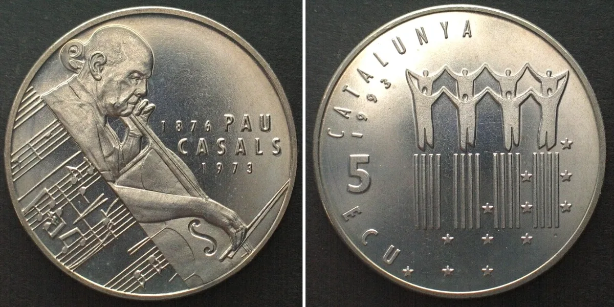 1838 Spain CATALONIA 5 Ecu 1993 PAU CASALS Cu-Ni BU