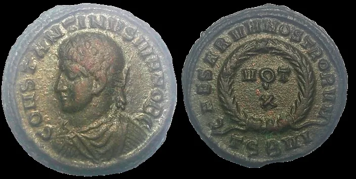 Roman Constantine II, as Caesar (Struck 324 AD) BI 18mm, 3.39gm Nummus. Thessalonica mint, Nice Green-brown patina. VF.