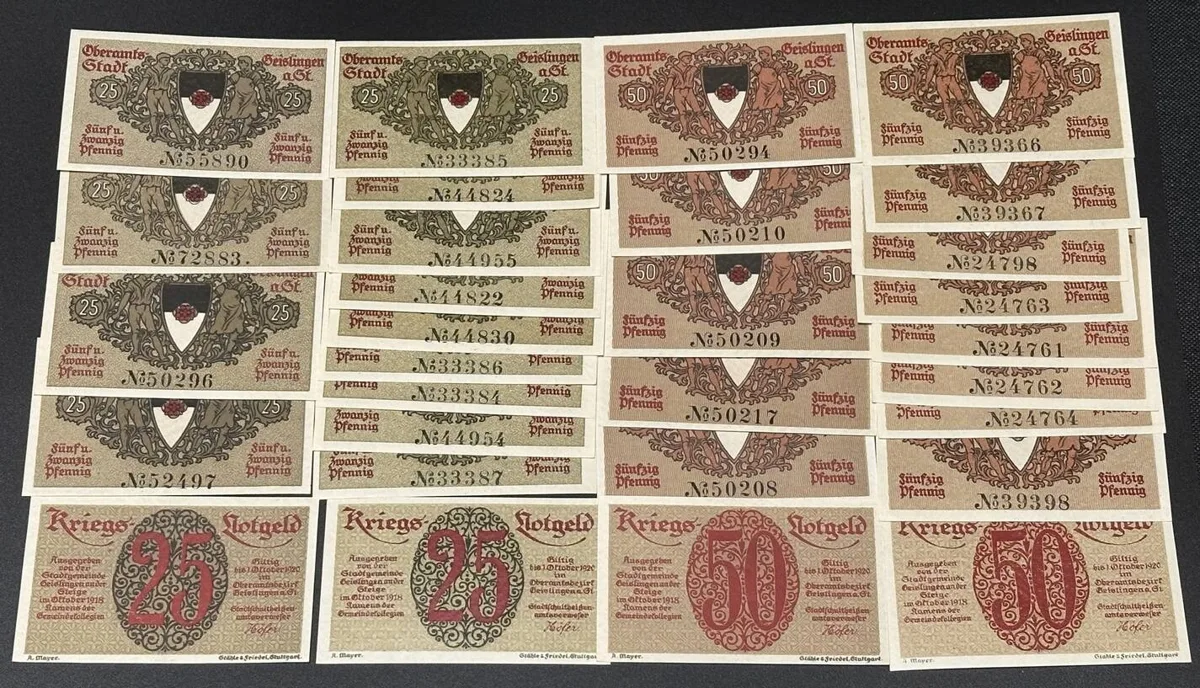 1918 GERMANY. Notgeld. GEISLINGEN 30 notes: 25 & 50 Pfennig 1918 defferent var. UNC