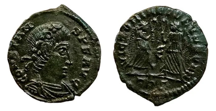 Constans. 337-350 AD. AENummus. Trier mint. Nice green patina. Extremely Fine