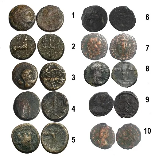 10 low grade Greek and Roman coins. ALL are ID