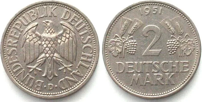 1951 Germany FEDERAL REPUBLIC. 2 Mark 1951 D, Stuttgart mint, Cu-Ni AU