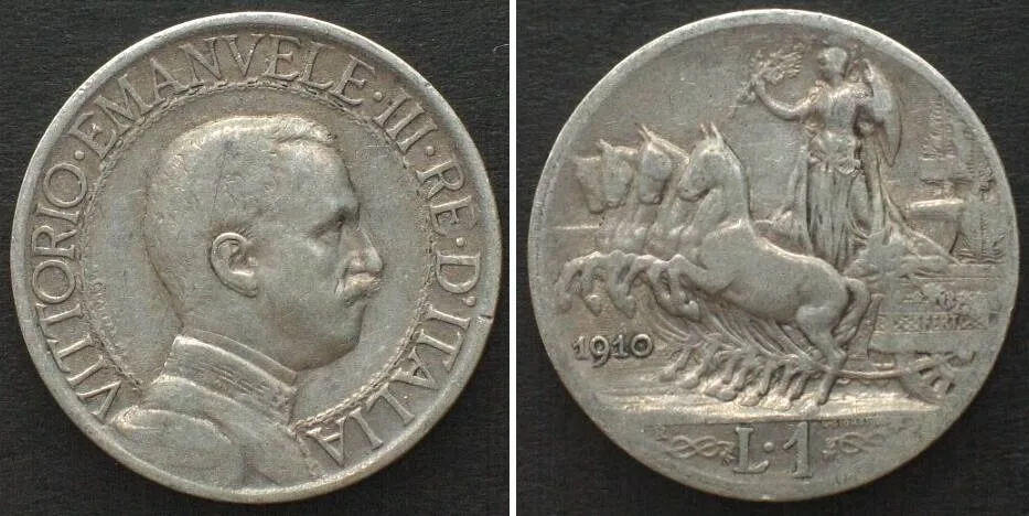 1910 ITALY 1 Lira 1910 VITTORIO EMANUELE III silver VF+
