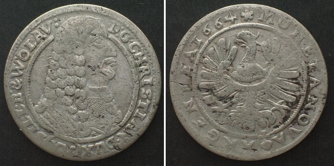 1664 SILESIA-LIEGNITZ-BRIEG. 15 Kreuzer 1664, CHRISTIAN zu WOHLAU silver VF+