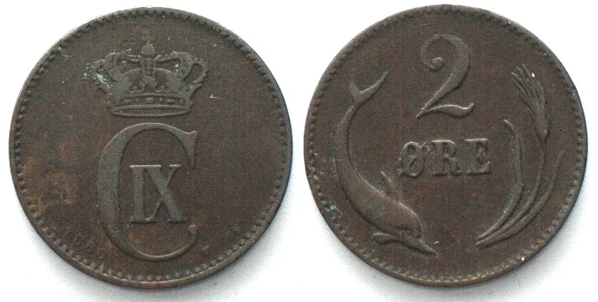 1880 DENMARK 2 Ore 1880 CHRISTIAN IX bronze KEY DATE! VF