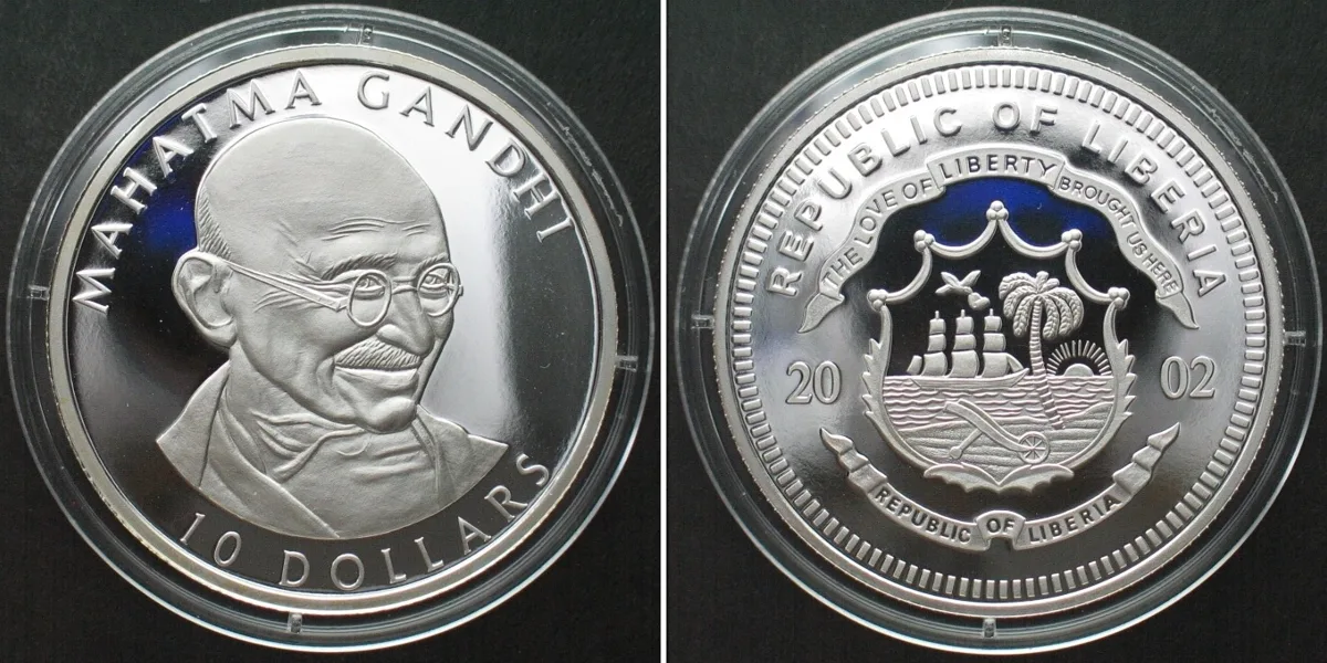 2002 LIBERIA 10 Dollars 2002 MAHATMA GANDHI silver Proof SCARCE! Proof