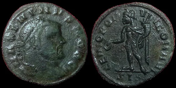 MAXIMINUS II, as Caesar, AE quarter follis. Genio Populi Romani, Siscia mint. Green Patina aVF, Nicely Centered, Very Scarce